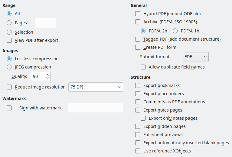 PDF Export General Options Dialog Image