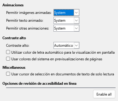 Imagen del cuadro de diálogo Opciones, sección Accesibilidad