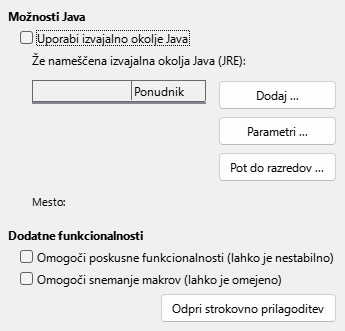 Slika pogovornega okna Nastavitve/Možnosti – Napredno