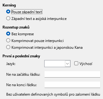Obrázek dialogového okna Možnosti Asijské