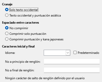 Imagen del cuadro de diálogo Opciones, sección Asiático