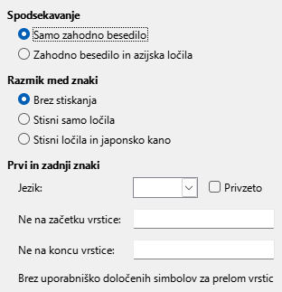 Slika pogovornega okna Nastavitve/Možnosti – Azijski jeziki
