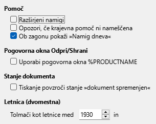Slika pogovornega okna Nastavitve/Možnosti – Splošno