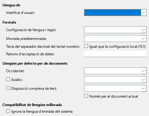 Imatge del diàleg d'opcions de llengua