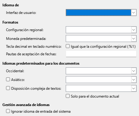 Imagen del cuadro de diálogo Opciones, sección Idioma