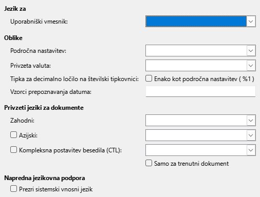 Slika pogovornega okna Nastavitve/Možnosti – Jezik