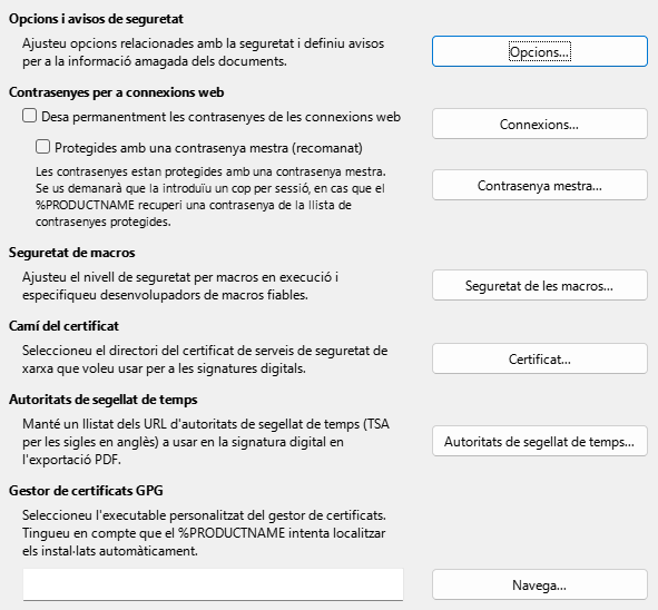 Imatge del diàleg d'opcions de seguretat