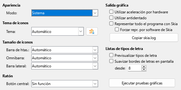 Imagen del cuadro de diálogo Opciones, sección Ver