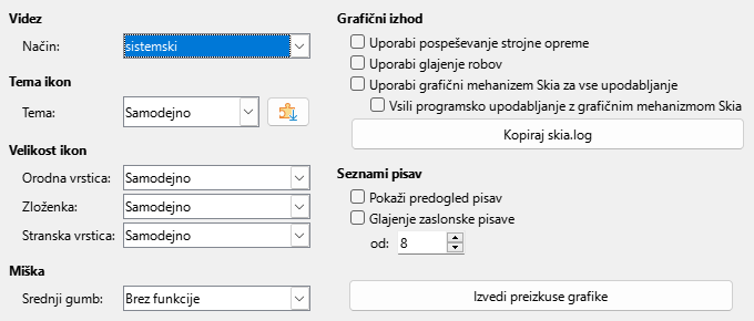 Slika pogovornega okna Nastavitve/Možnosti – Pogled