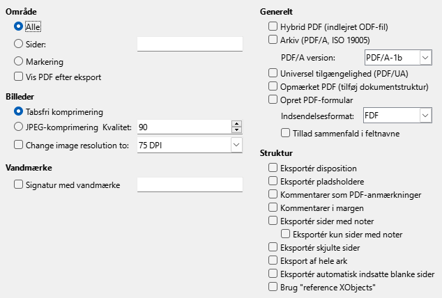Dialogen PDF-eksport generelle indstillinger