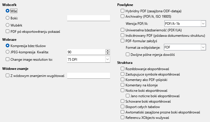 Wobraz dialoga powšyknych nastajenjow za PDF-eksport