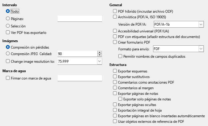 Imagen del cuadro de diálogo Exportar a PDF, pestaña de opciones generales