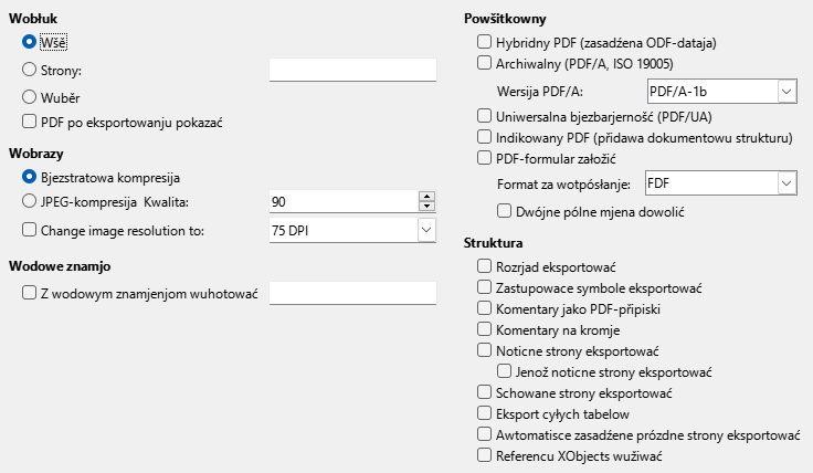 Wobraz dialoga powšitkownych nastajenjow za PDF-eksport