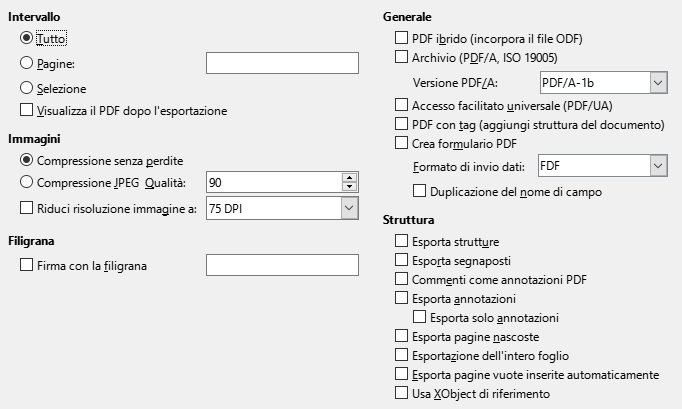 Opzioni generali di esportazione PDF