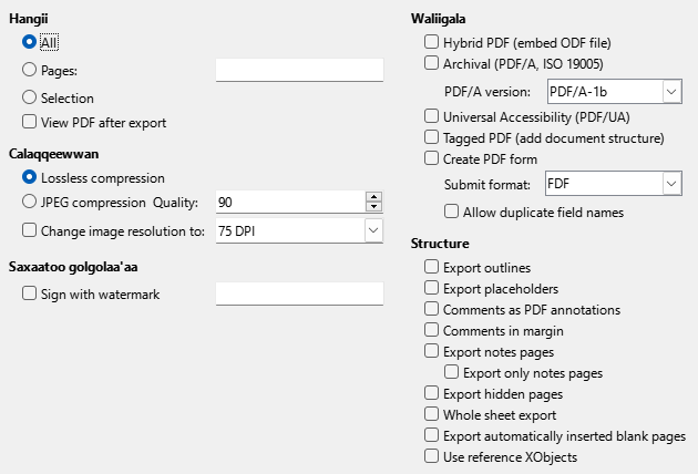 PDF Export General Options Dialog Image