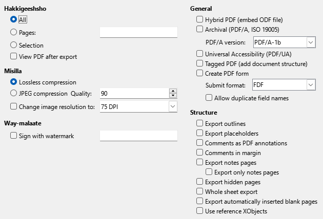PDF Export General Options Dialog Image