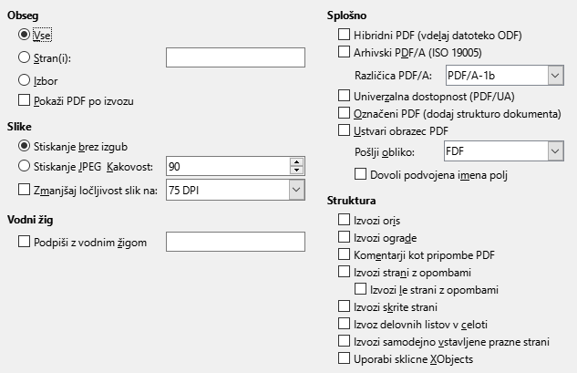 Možnosti za PDF – zavihek Splošno