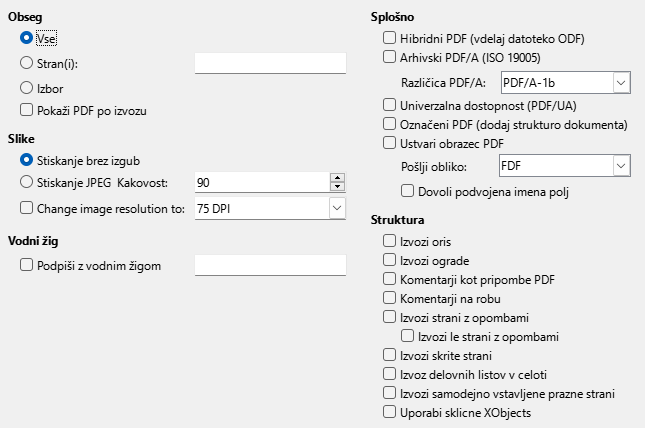 Slika pogovornega okna Možnosti za PDF, Izvozi v PDF – Splošno