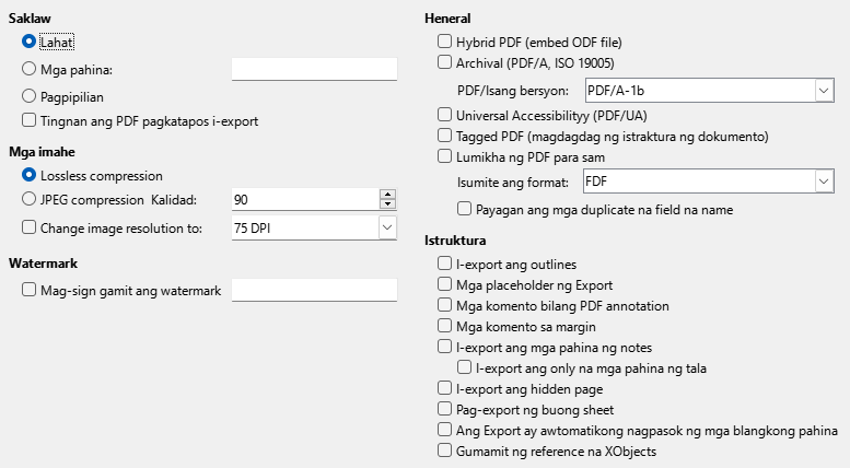 PDF Export General Options Dialog Image