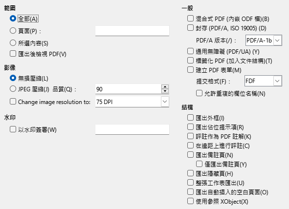 PDF Export General Options Dialog Image