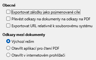 Obrázek dialogového okna Možnosti exportu odkazů do PDF  