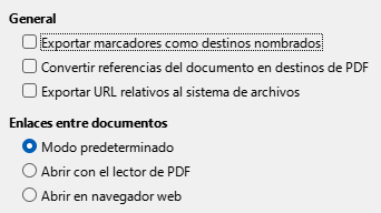 Imagen del cuadro de diálogo Exportar a PDF, pestaña Enlaces