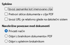 Slika pogovornega okna Možnosti za PDF, Izvozi v PDF – Povezave