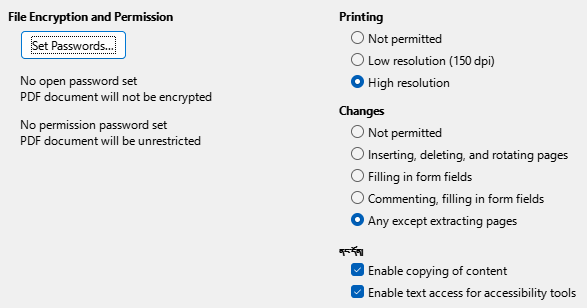 PDF Export Security Options Dialog Image