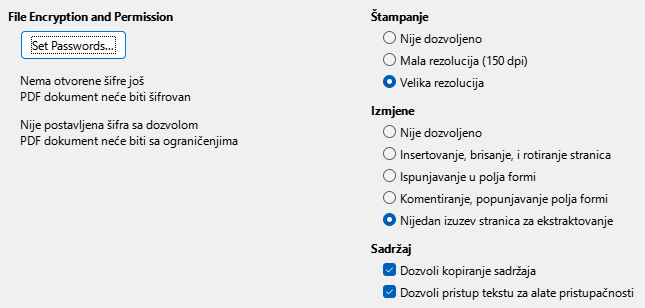 PDF Export Security Options Dialog Image