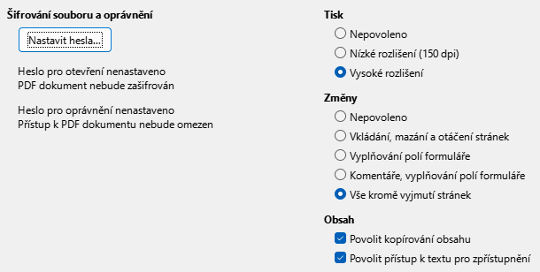 Obrázek dialogového okna Zabezpečení exportu do PDF