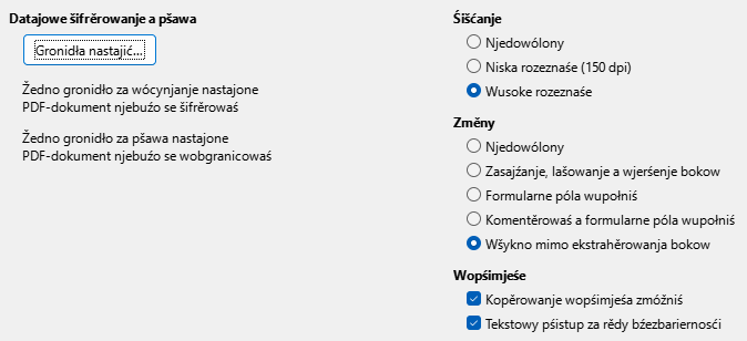 Wobraz dialog nastajenjow wěstoty PDF-eksporta