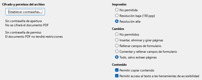 Imagen del cuadro de diálogo Exportar a PDF, pestaña Seguridad