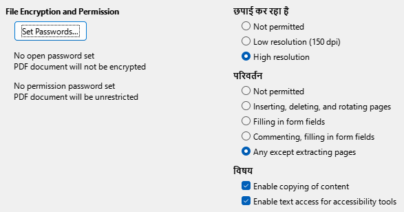 PDF Export Security Options Dialog Image