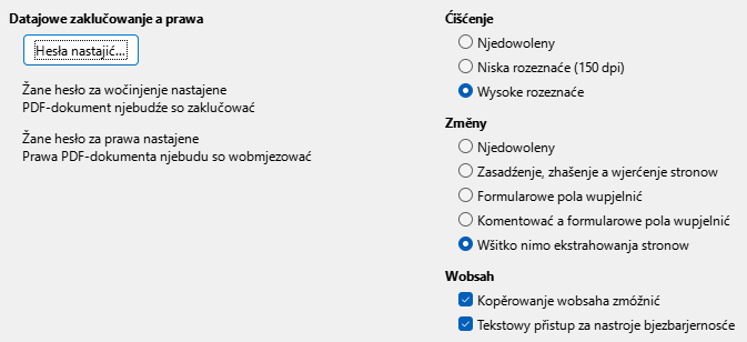 Wobraz dialog nastajenjow wěstoty PDF-eksporta