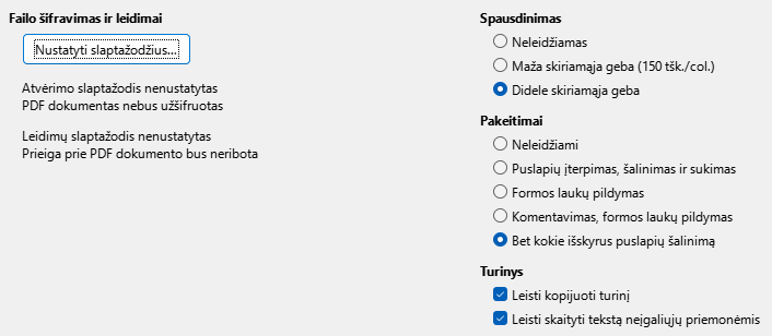 PDF eksporto apsaugos parinkčių lango nuotrauka