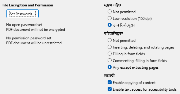 PDF Export Security Options Dialog Image