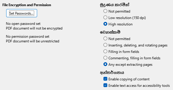 PDF Export Security Options Dialog Image