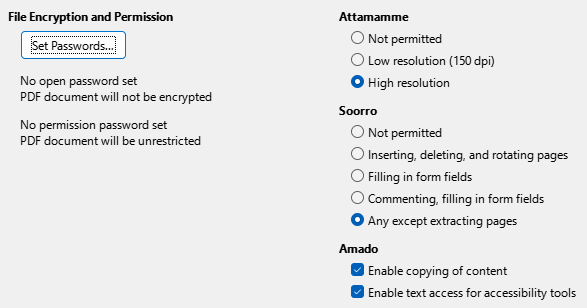 PDF Export Security Options Dialog Image