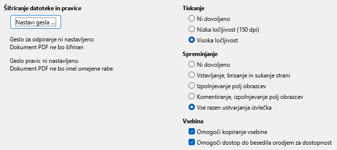 Slika pogovornega okna Možnosti za PDF, Izvozi v PDF – Varnost