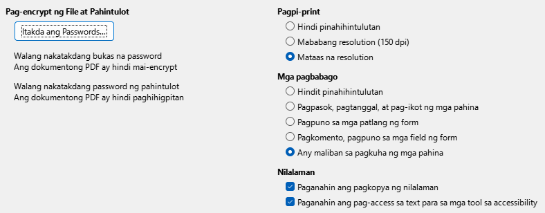 PDF Export Security Options Dialog Image