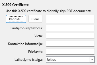 PDF eksporto skaitmeninių parašų parinkčių lango nuotrauka