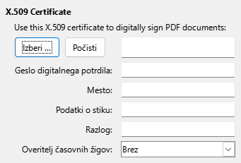 Slika pogovornega okna Možnosti za PDF, Izvozi v PDF – Digitalni podpisi