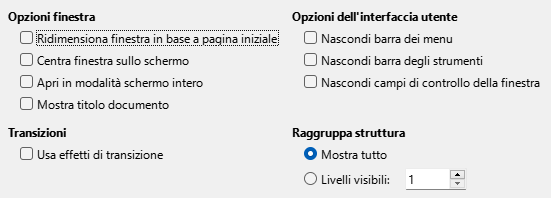 Immagine della finestra di dialogo delle opzioni di interfaccia utente di esportazione PDF