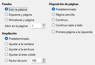Imagen del cuadro de diálogo Exportar a PDF, pestaña de opciones de visualización