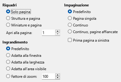 Immagine della finestra di dialogo delle opzioni di visualizzazione di esportazione PDF