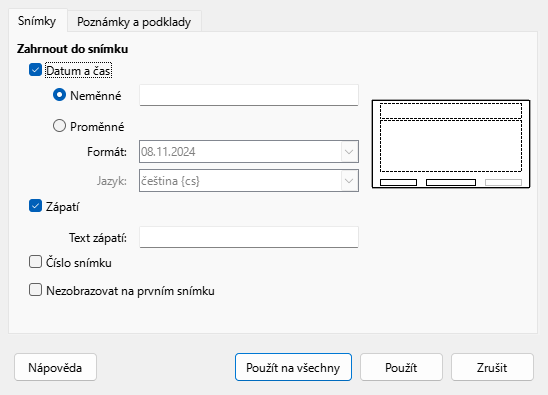 Dialogové okno Záhlaví a zápatí