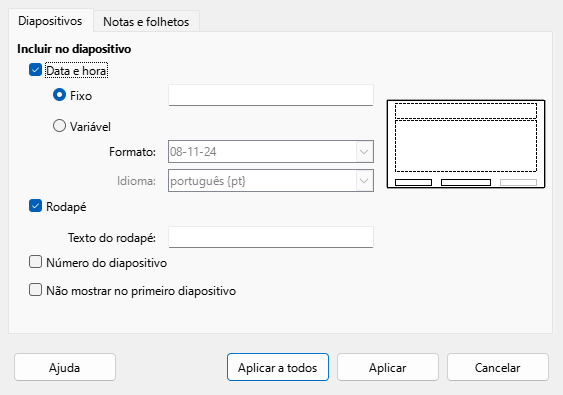 Caixa de diálogo Cabeçalho/Rodapé