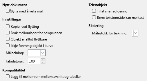 Dialogvindauget for generelle innstillingar i Impress