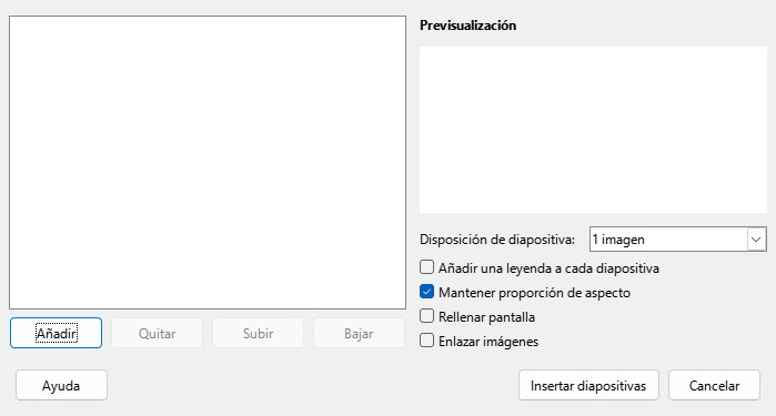 Cuadro de diálogo Álbum fotográfico de Impress