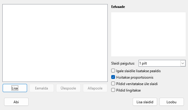 Ekraanipilt Impressi fotoalbumi dialoogist